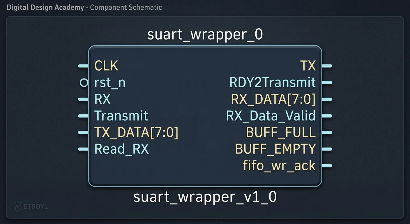 SuperUART IP wrapper showing the UART core's external signals.